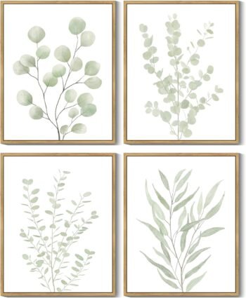 Botanical Plant Framed Wall Art Boho Wall Decor for Bathroom Sage Green Eucalyptus Leaf Prints Minimalist Aesthetic Ready to Hang Set of 4, 8x10 in (Natural Framed)