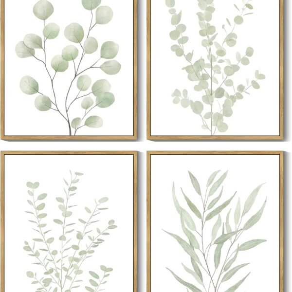 Botanical Plant Framed Wall Art Boho Wall Decor for Bathroom Sage Green Eucalyptus Leaf Prints Minimalist Aesthetic Ready to Hang Set of 4, 8x10 in (Natural Framed)
