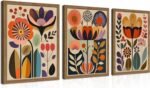 Framed Colorful Floral Wall Art Set of 3, Abstract Scandinavian Flower Canvas Wall Decor Paintings, Mid Century Modern Botanical Artwork Pictures Prints for Living Room Bedroom Dining Room 12x16 Inch