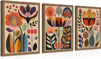 Framed Colorful Floral Wall Art Set of 3, Abstract Scandinavian Flower Canvas Wall Decor Paintings, Mid Century Modern Botanical Artwork Pictures Prints for Living Room Bedroom Dining Room 12x16 Inch