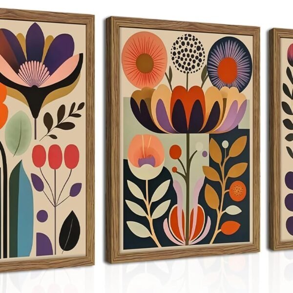 Framed Colorful Floral Wall Art Set of 3, Abstract Scandinavian Flower Canvas Wall Decor Paintings, Mid Century Modern Botanical Artwork Pictures Prints for Living Room Bedroom Dining Room 12x16 Inch