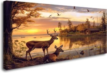 Golden Rustic Animal Deer Canvas Print Framed Vintage Wildlife Home Decor Livingroom Decorations Wall Art (Framed, 40" L x 20" W)