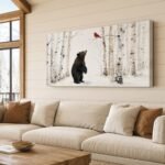 Large Bear Wall Art, Birch Tree Canvas Art, Brown Bear in Snow Picture Wall Decor, Woodland Wildlife Animal Framed Painting, Birch Tree Cardinal Poster Artwork for Home Decoration 40x20 Inches