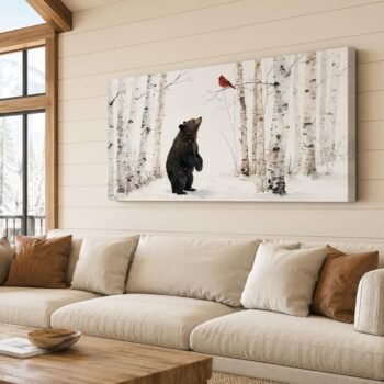 Large Bear Wall Art, Birch Tree Canvas Art, Brown Bear in Snow Picture Wall Decor, Woodland Wildlife Animal Framed Painting, Birch Tree Cardinal Poster Artwork for Home Decoration 40x20 Inches