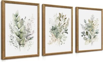 Framed Sage Green Botanical Wall Art Set of 3, Watercolor Eucalyptus & Wild Plant Canvas Prints, Minimalist Green Wall Decor for Living Room Bedroom Bathroom, 12x16 Inches