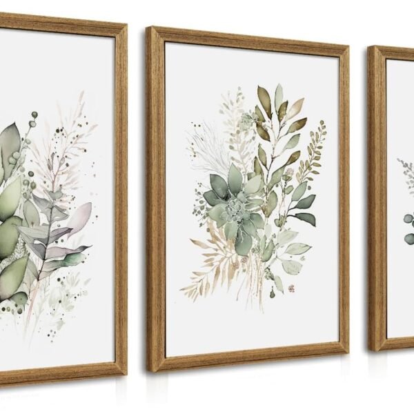 Framed Sage Green Botanical Wall Art Set of 3, Watercolor Eucalyptus & Wild Plant Canvas Prints, Minimalist Green Wall Decor for Living Room Bedroom Bathroom, 12x16 Inches