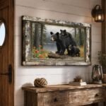Forest Wall Decor Bear Canvas Art, Lake Forest Black Bear & Cub Poster Pictures Wall Decor, Woodland Nature Wildlife Artwork, Vintage Fake Frame Animal Bear Cub Painting for Nursery Room 40x20