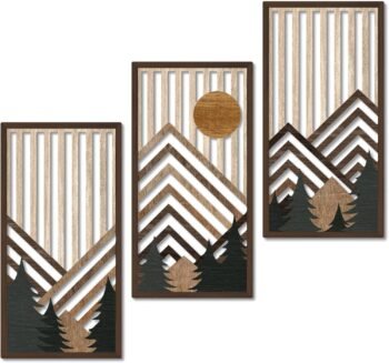 Boho Mountain Wall Art Set of 3, Rustic Wooden Wall Decor, Nature-Inspired Geometric Artwork, Mid-Century Modern Aesthetic for Living Room, Bedroom, Office Brown 16.5 x 8.6 inch