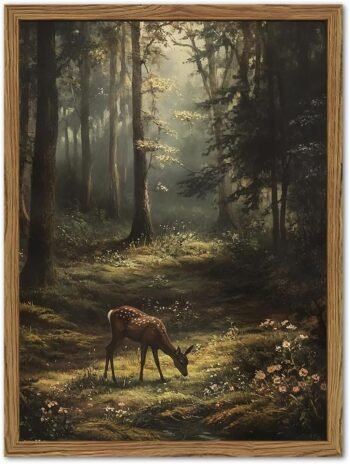 Framed Vintage Forest Deer Canvas Wall Art, Rustic Nature Landscape Paintings Wall Decor, Woodland Animal Pictures Prints Cottagecore Home Decor for Living Room Bedroom Office 8x10inch