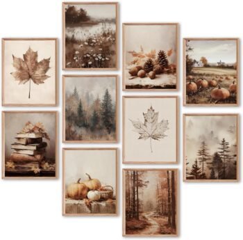10Pcs 8x10 inch Fall Wall Art Prints, Retro Rustic Aesthetic Vintage Autumn Scenery Posters for Living Room Bedroom Thanksgiving Decor (Unframed)