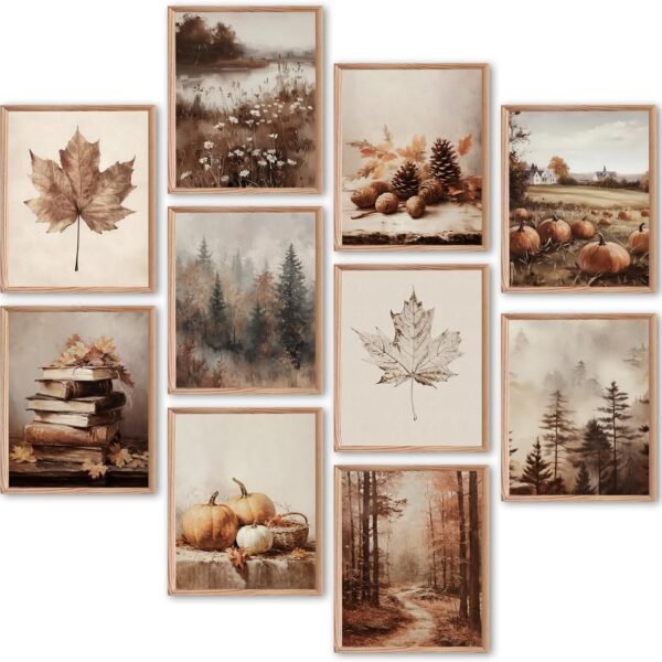 10Pcs 8x10 inch Fall Wall Art Prints, Retro Rustic Aesthetic Vintage Autumn Scenery Posters for Living Room Bedroom Thanksgiving Decor (Unframed)