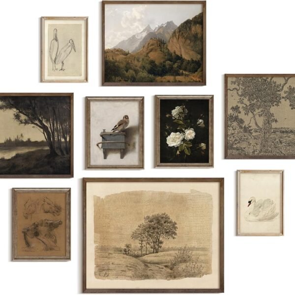9Pcs Vintage Gallery Wall Art Decor Prints Neutral Farmhouse Wall Decor Nature Landscape Botanical Painting Moody Poster Retro French Country Moody Paintings Rustic Cottagecore Brown Tones Decor - Unframed