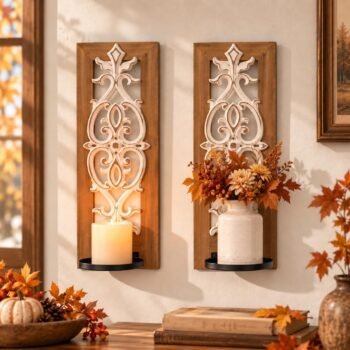 Farmhouse Wall Decor Set of 2: Wood Carved Wall Candle Holder