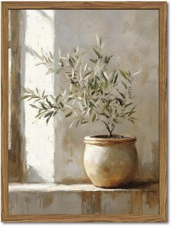 Framed Vintage Olive Tree Wall Art, Textured Sandstone Botanical Pictures Wall Decor, Rustic Neutral Potted Plant Paintings Prints Aesthetic Farmhouse Home Decor for Living Room Bedroom 12x16 inch