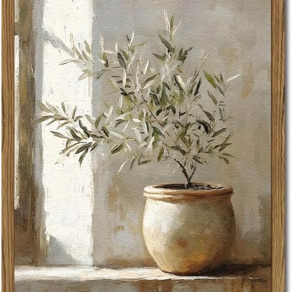 Framed Vintage Olive Tree Wall Art, Textured Sandstone Botanical Pictures Wall Decor, Rustic Neutral Potted Plant Paintings Prints Aesthetic Farmhouse Home Decor for Living Room Bedroom 12x16 inch