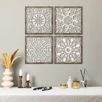 4 Pcs Wood Wall Decor Farmhouse Panels Rustic, Square, Brown, White