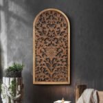Rustic Boho Arched Wood Wall Art, Hand-Carved Floral Panel