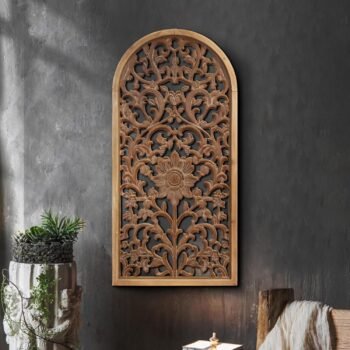 Rustic Boho Arched Wood Wall Art, Hand-Carved Floral Panel