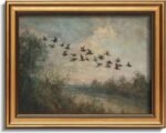 Gold Framed 3D Textured Wall Art, Vintage Misty Lake Forest Flying Duck Canvas Prints, Nature Landscape Flock of birds Pictures Decor, Rustic Farmhouse Wildlife Artwork for Living Room Bedroom 12x16in