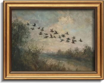 Gold Framed 3D Textured Wall Art, Vintage Misty Lake Forest Flying Duck Canvas Prints, Nature Landscape Flock of birds Pictures Decor, Rustic Farmhouse Wildlife Artwork for Living Room Bedroom 12x16in