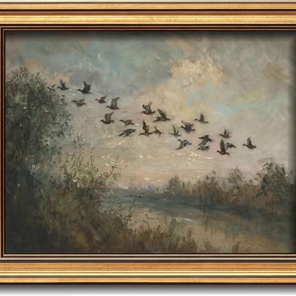 Gold Framed 3D Textured Wall Art, Vintage Misty Lake Forest Flying Duck Canvas Prints, Nature Landscape Flock of birds Pictures Decor, Rustic Farmhouse Wildlife Artwork for Living Room Bedroom 12x16in