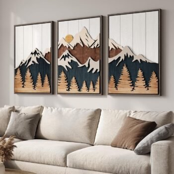 Large Framed 3D Wood Mountain Wall Art Decor for Living Room, 24x36 Inch