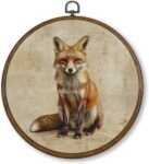 Vintage Fox Wall Art Decor, Woodland Wildlife Fox Round Wood Framed Canvas Wall Artwork, Rustic Forest Animal Hanging Prints for Kids Nursery Living Room Bedroom Decorations 10"x10"