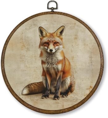 Vintage Fox Wall Art Decor, Woodland Wildlife Fox Round Wood Framed Canvas Wall Artwork, Rustic Forest Animal Hanging Prints for Kids Nursery Living Room Bedroom Decorations 10"x10"