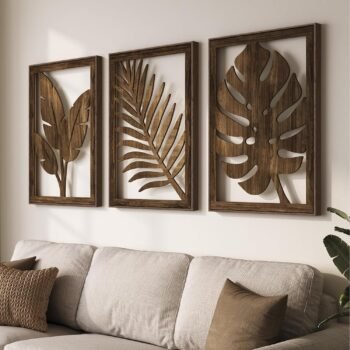 Large Framed Boho Cutout Carved Wood Wall Art for Living Room, 24x36 Inch