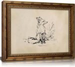 Vintage Gold Framed Canvas Wall Art Fox Sketch Beige Painting Picture Wall Decor Rustic Neutral Wildlife Poster Print Artwork for Living room Bedroom Bathroom Home Decoration