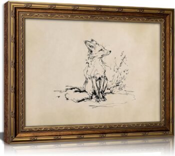 Vintage Gold Framed Canvas Wall Art Fox Sketch Beige Painting Picture Wall Decor Rustic Neutral Wildlife Poster Print Artwork for Living room Bedroom Bathroom Home Decoration