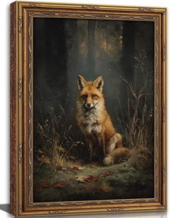 Gold Framed Vintage Forest Fox Canvas Wall Art, Dark Academia Rustic Decor