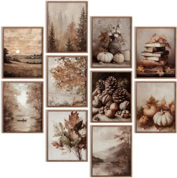 10Pcs 8x10 inch Fall Wall Art Prints, Retro Rustic Aesthetic Vintage Autumn Scenery Posters for Living Room Bedroom Fall Thanksgiving Decorations (Unframed, Style 02)