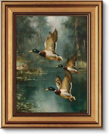 Gold Framed Wall Art, Vintage Mallard Duck Canvas Prints, Flying Ducks Rustic Cabin Lake Picture Wall Decor, Farmhouse Wildlife Nature Artwork for Living Room Hunting Lodge, Man Cave 9x11 inch